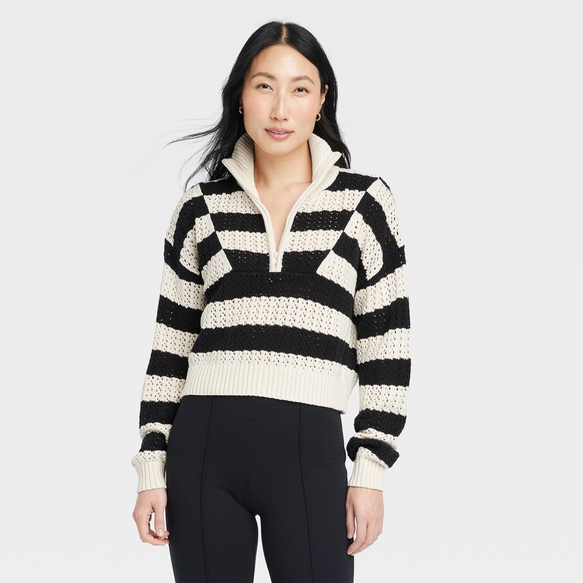 Women's Quarter Zip Mock Turtleneck Pullover Sweater - A New Day™ Black/White Striped M | Target