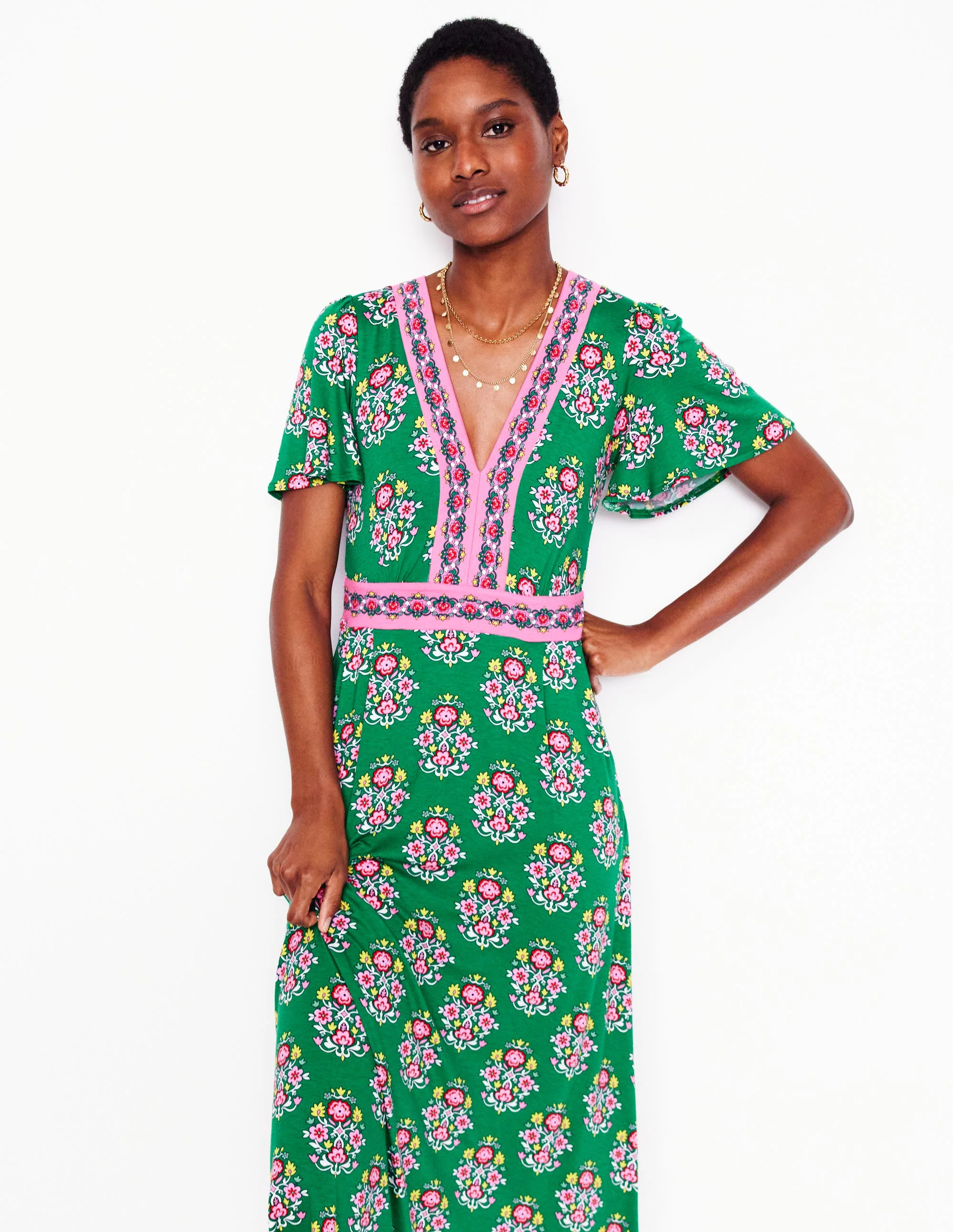 Ellie Flutter Maxi Tea Dress-Rich Emerald, Wildflower Stamp | Boden (US)