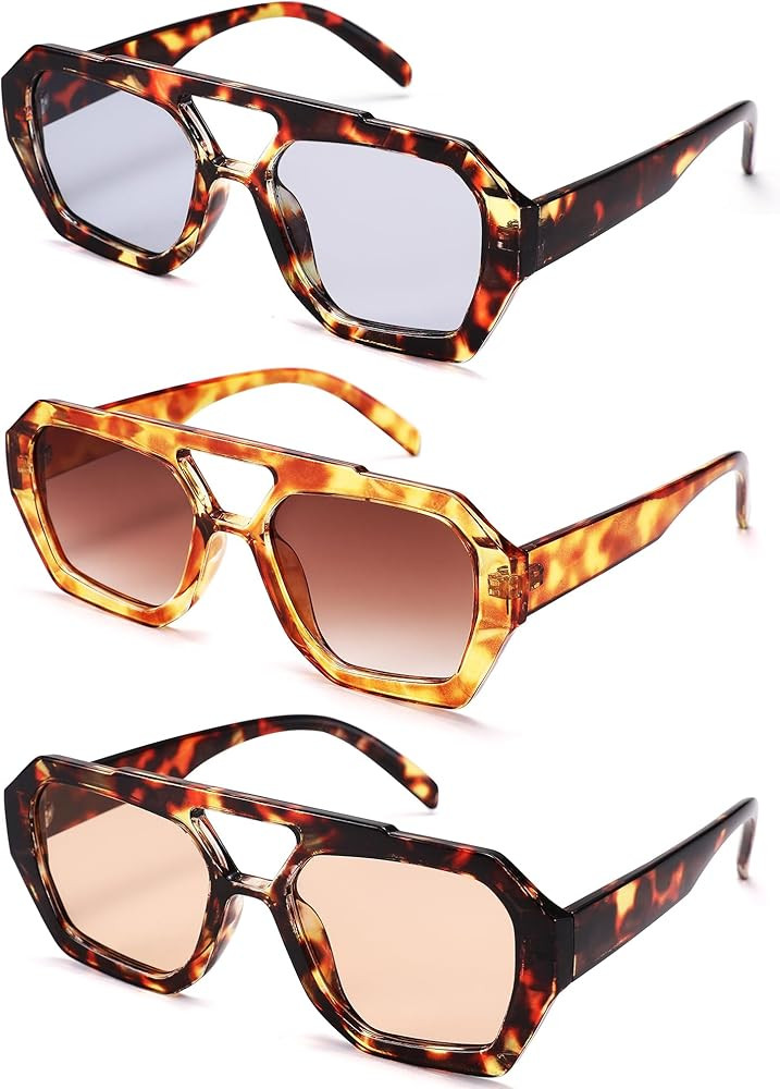 Hycredi Retro Aviator Sunglasses for Women Men, Trendy Hexagonal Thick Frame Shades Square Double... | Amazon (US)