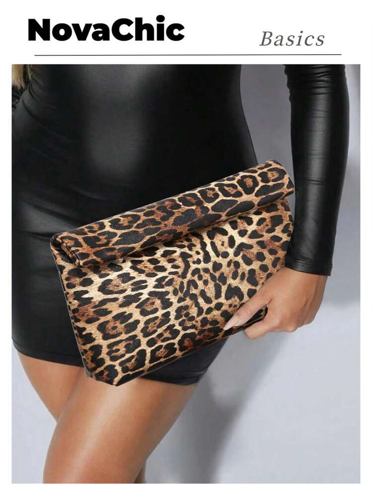 1pc Leopard Printed Faux Woven Clutch Purse For Ladies, Vintage & Minimalist Style With Pleats An... | SHEIN