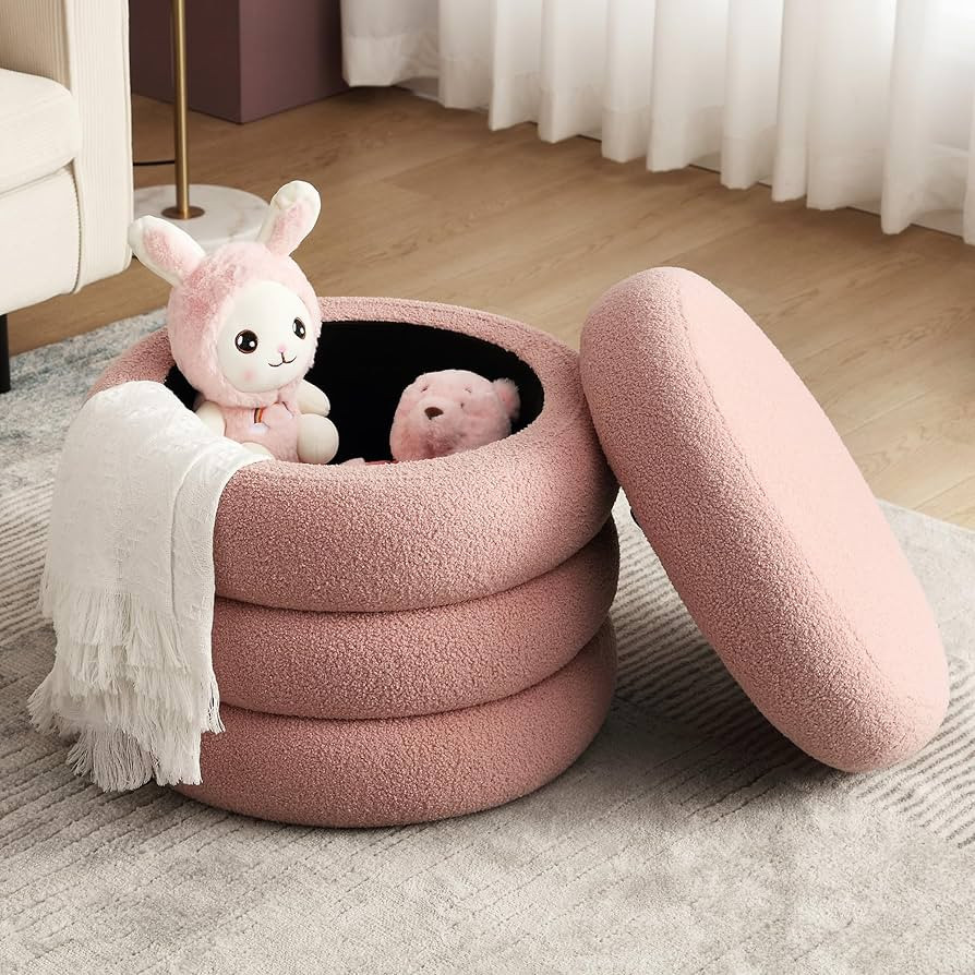 Round Boucle Ottoman with Storage, Upholstered Small Sherpa Foot Stool, Tufted Modern Footrest fo... | Amazon (US)