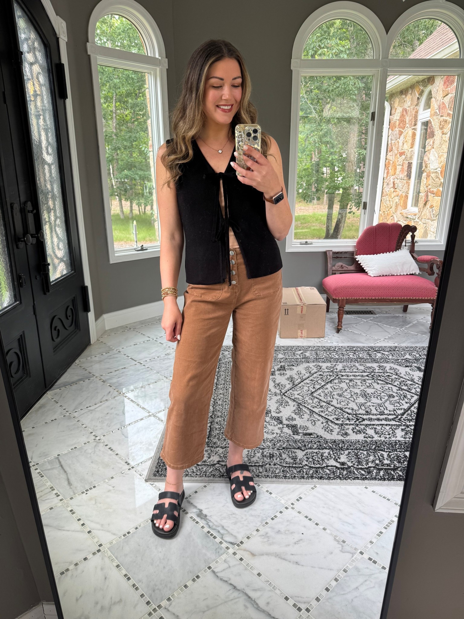 Ootd, summer outfit, elevated casual outfit, outfit ideas, cute outfits, neutral outfit ideas, neutral outfits, classy outfit, front tie top, sweater tank, transition outfit, summer fall transition outfit, cropped pants, cropped jeans, h dupe sandals, Hermes sandals, Amazon outfit, affordable fashion 

#LTKStyleTip #LTKShoeCrush #LTKFindsUnder50