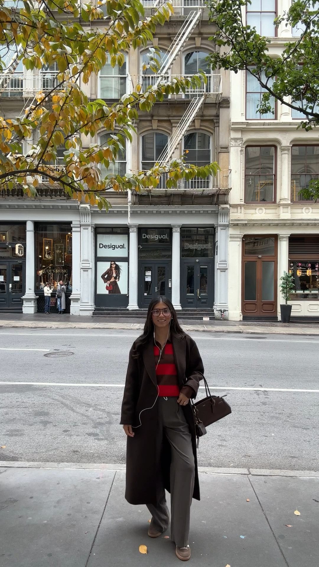 new york outfit, fall fashion, fall outfits, brown coat, sweater, coach bag, adidas gazelle