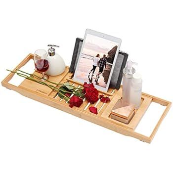 LANGRIA Bamboo Bathtub Caddy Tray with Extending Sides, Adjustable Book or Tablet Holder, Cellpho... | Amazon (US)