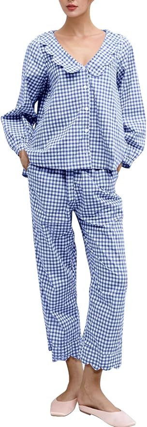 COZYPOIN Womens Gingham Pajama Sets Wave V-Neck Cotton Plaid Button Down Long Sleeve Shirt and Pa... | Amazon (US)