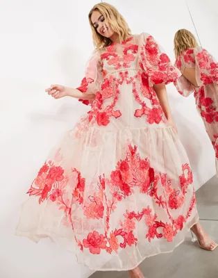 ASOS EDITION organza smock midi dress with floral embroidery in pink | ASOS (Global)