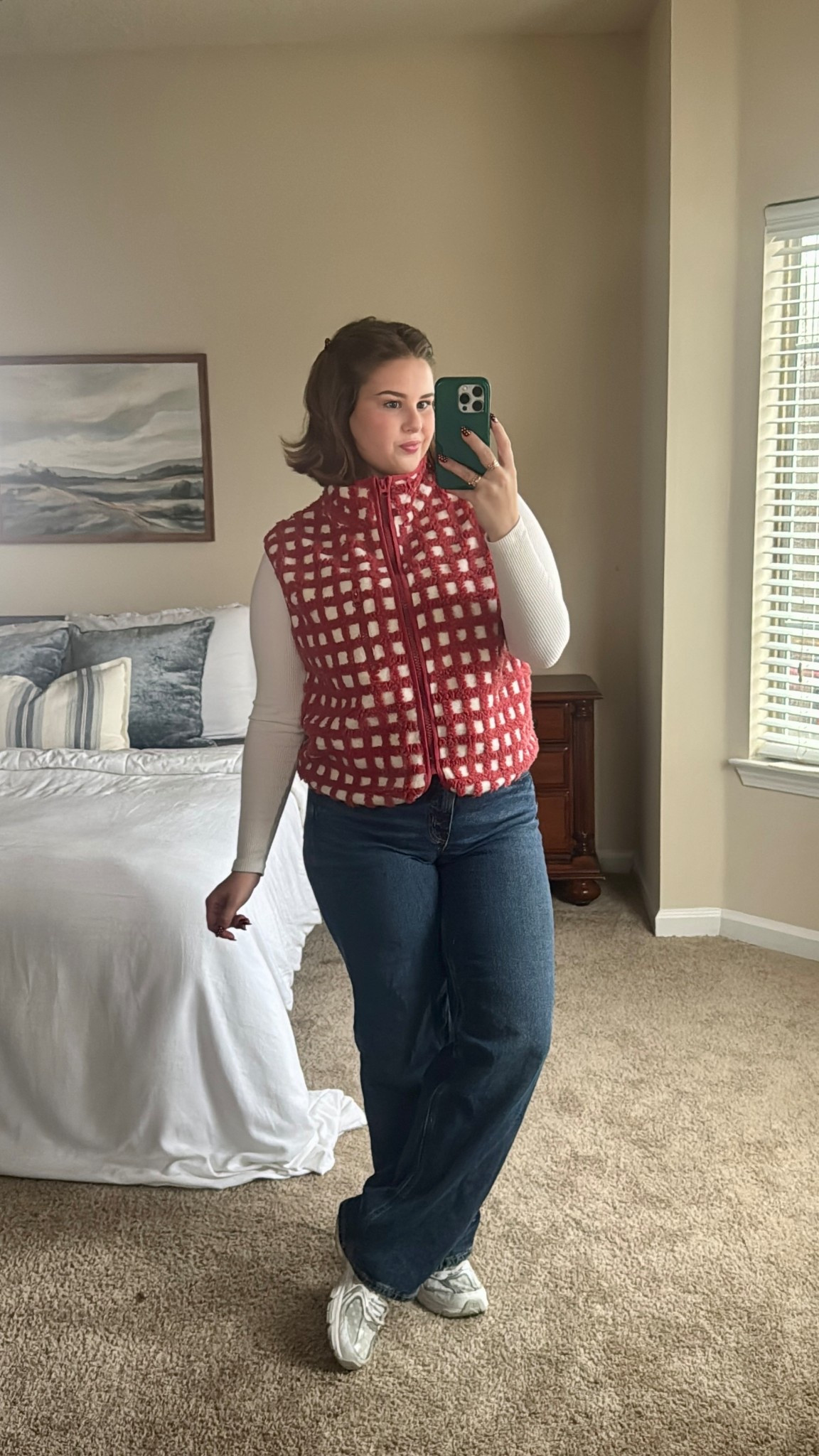 Long sleeve: S
Vest: M
Jeans: 6
Midsize, petite, 5’2 160lb
Cute holiday Christmas outfit, red and white checkered, Amazon vest, snug ribbed top white long sleeve, Old Navy wide leg dark wash jeans, new balance, polkadot 530 tennis shoes

#LTKootd #LTKSaleAlert #LTKHoliday