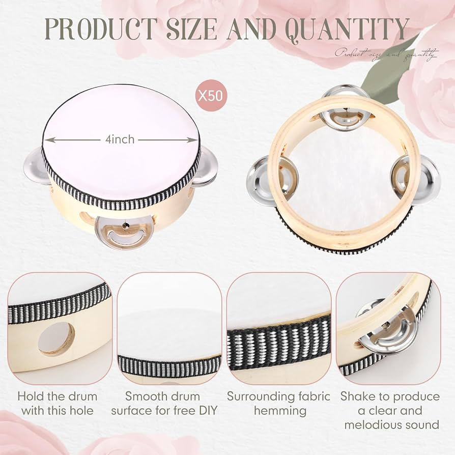 50 Pcs 4 Inch Wedding Tambourine Bulk Drum for Adults Hand Held Percussion Gift Wood Metal Jingle... | Amazon (US)