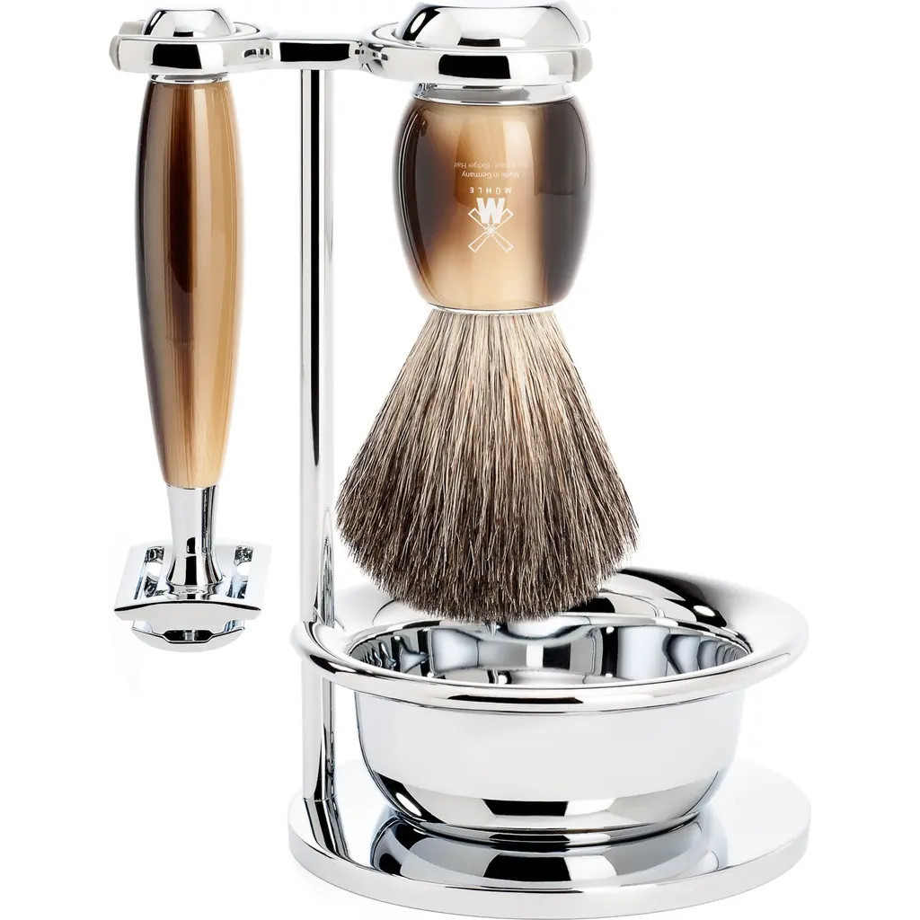 MUHLE Vivo brown horn 4-piece pure badger and safety razor shaving set