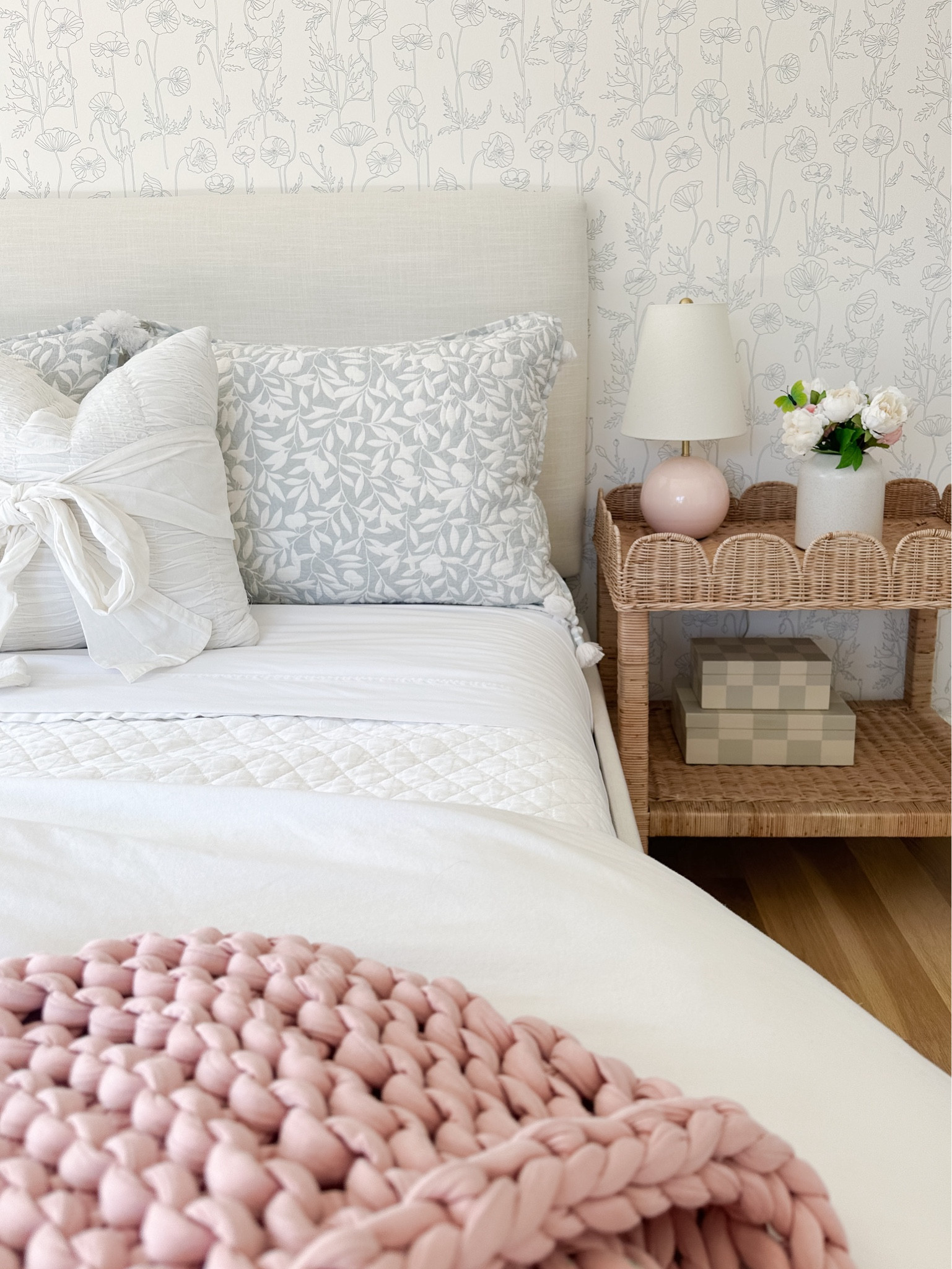 All wallpaper is on sale right now at Serena & Lily! Save on my daughters blue and white floral wallpaper. Coastal Rattan scalloped side table, blue and white pillow shams, girls room, coastal bedroom, blue and blush pink bedroom design, kids roomm

#LTKStyleTip #LTKFamily #LTKHome