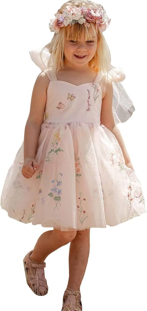 Flower Girl Dresses for Wedding Short Floral Embroidered Tulle Pageant Princess Dress for Girls | Amazon (US)