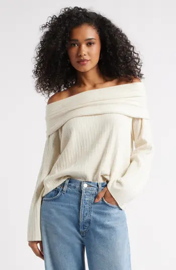 Open Edit Off the Shoulder Sweater in Beige Oatmeal Light Heather at Nordstrom Rack, Size Small | Nordstrom Rack