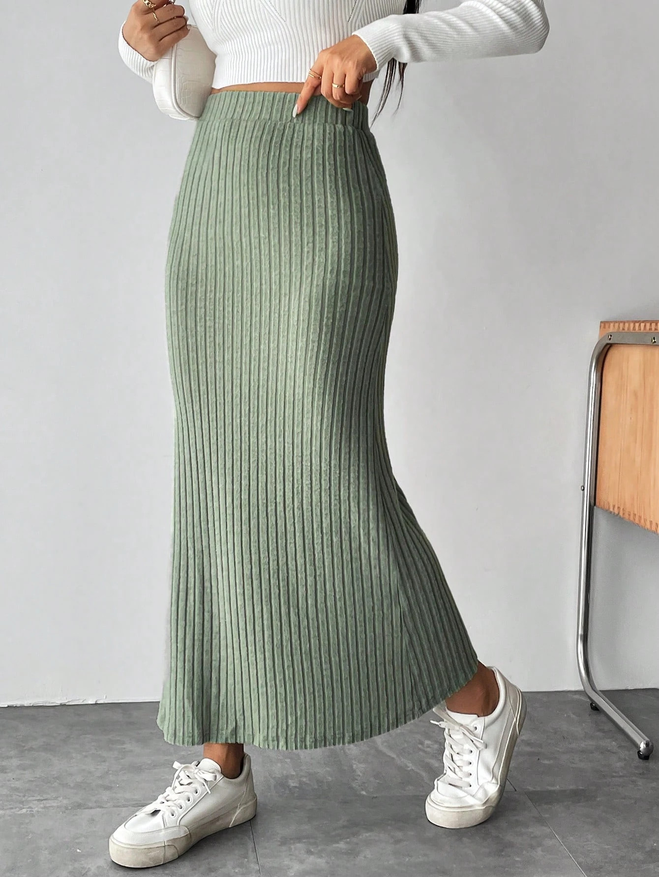 SHEIN PETITE Solid Ribbed Knit Mermaid Hem Skirt | SHEIN