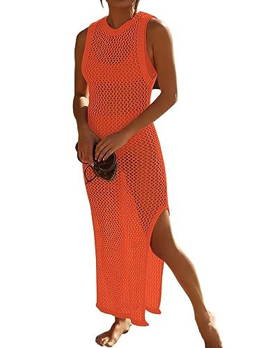 Bsubseach Crochet Cover Ups for Swimwear Women Hollow Out Swimsuit Coverup Backless Bikini Beach Dress Orange | Amazon (US)