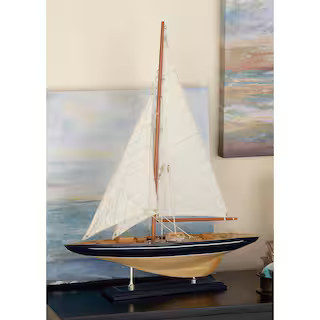 Beige Wood Sail Boat Sculpture with Navy Accents and Lifelike Rigging | The Home Depot