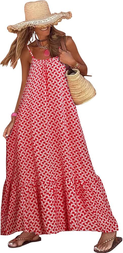 miduo Womens Summer Bohemian Pattern Spaghetti Straps Sleeveless Casual Maxi Long Dresses | Amazon (US)