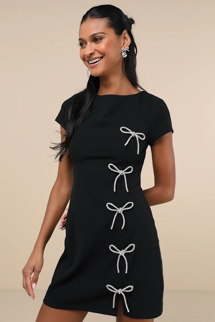 Endearing Sparkle Black Rhinestone Bow Mini Dress | Lulus