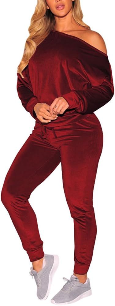 VamJump Women Velvet Off Shoulder Sweatshirt Jogger Pants Two Piece Set Tracksuit | Amazon (US)