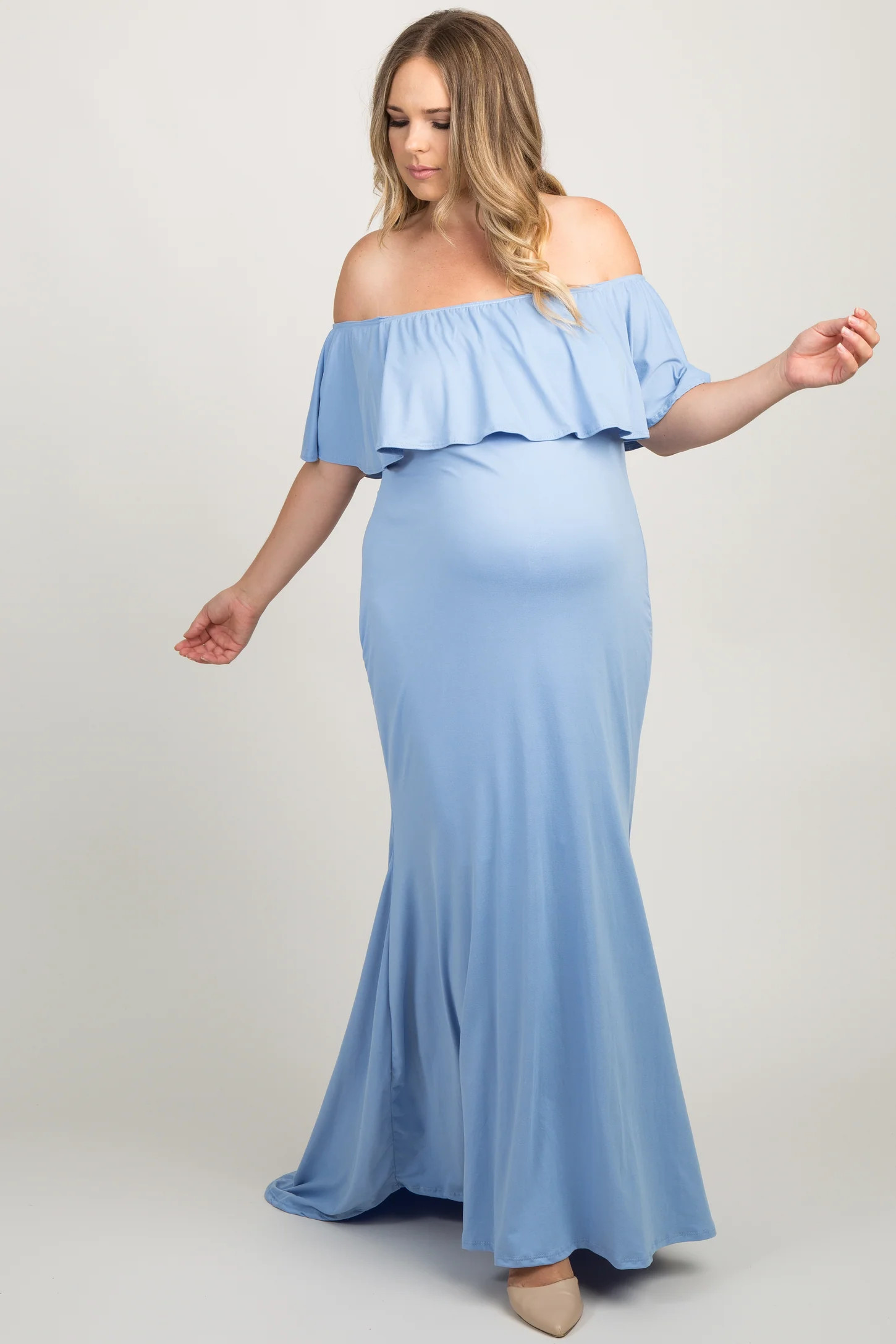 Blue Ruffle Off Shoulder Mermaid Maternity Plus Photoshoot Gown/Dress | PinkBlush Maternity