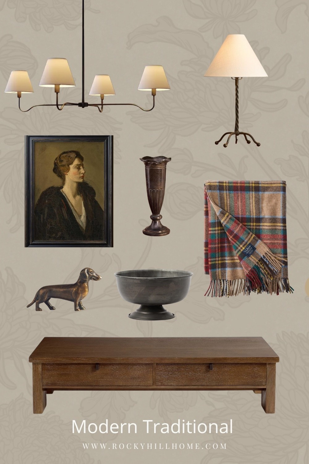 Modern Traditional charm is made up of warm woods, classic metals, and heritage-inspired accents. 
I curated some elevated but cozy pieces - a vintage portrait, plaid wool throw, wood coffee table, iron home decor, modern chandelier) to help you create that timeless, collected look in your home.

Psst… that Pottery Barn coffee table is on sale for $879

#LTKHome #LTKStyleTip #LTKSaleAlert