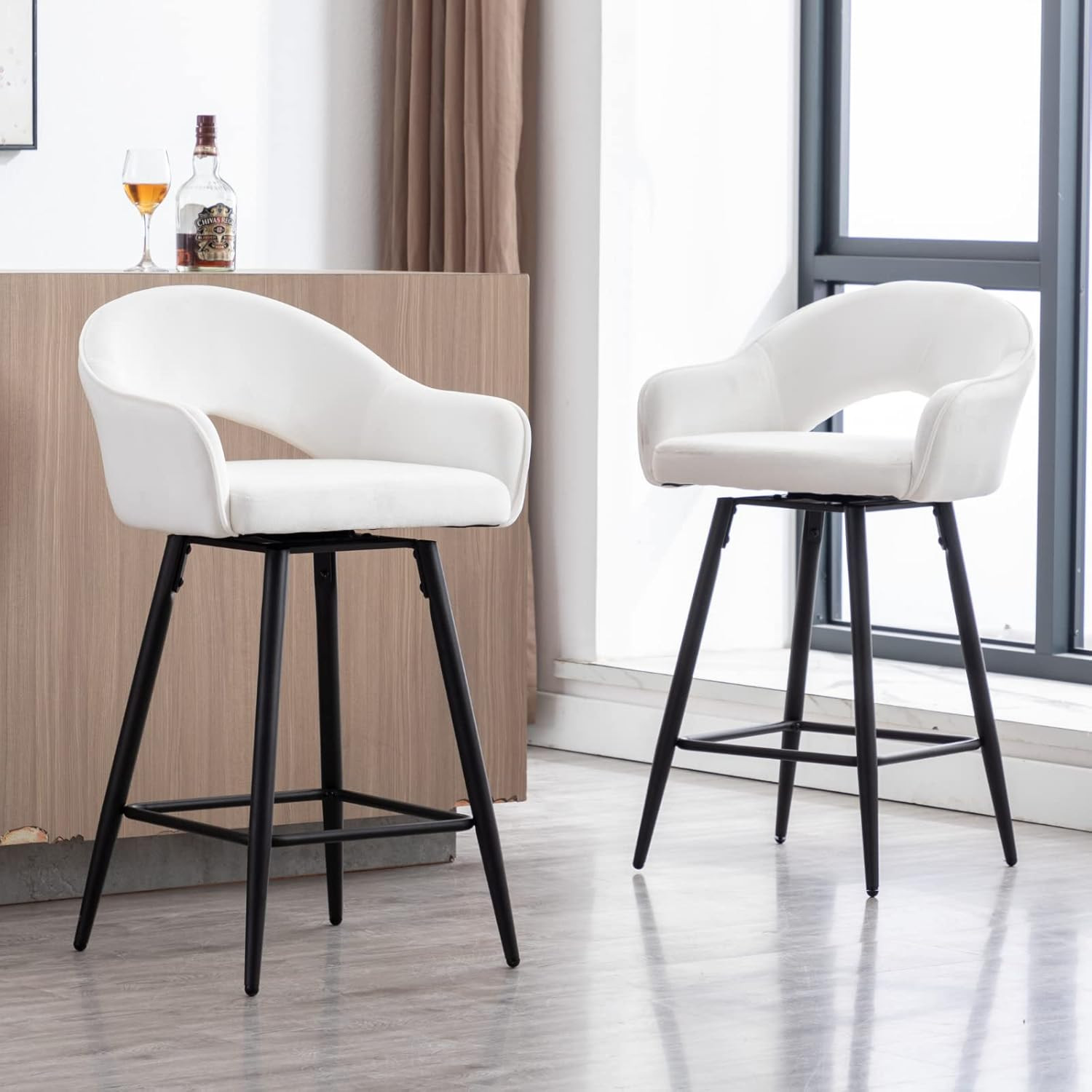 LukeAlon Velvet Swivel Counter Stools Set of 2, Open Back 27" Seat Height Low Bar Stools with Bla... | Amazon (US)