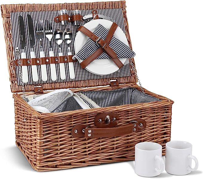 Picnic Basket for 2, Willow Hamper Set with Insulated Compartment, Handmade Large Wicker Picnic B... | Amazon (US)