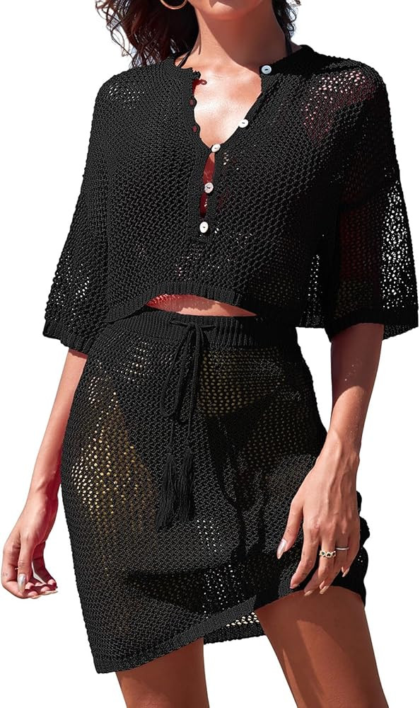 Pink Queen 2 Piece Crochet Swimsuit Cover Ups for Women Hollow Out Knitted Bathing Suit Coverup B... | Amazon (US)