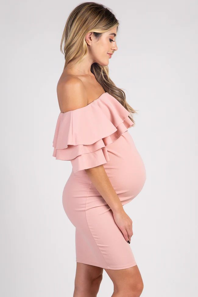 PinkBlush Mauve Layered Ruffle Off Shoulder Fitted Maternity Dress | PinkBlush Maternity