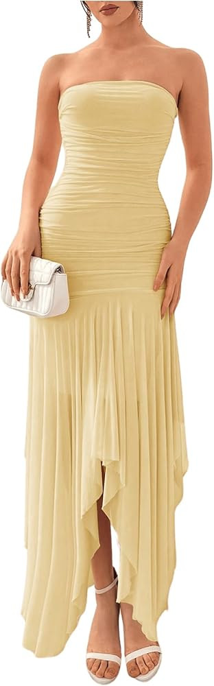 Floerns Women's Sleeveless Ruched Ruffle Asymmetrical Hem Mesh Evening Tube Dresses | Amazon (US)