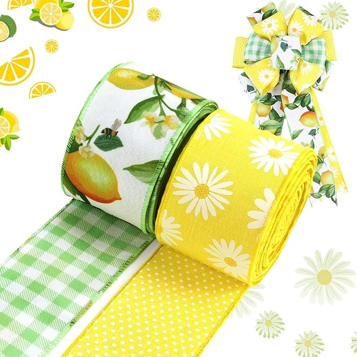 LaRibbons Double Faced Lemon Daisy Wired Ribbon 2 Rolls 2.5 Inch x 12 Yards TTL, Green Plaid and ... | Amazon (US)