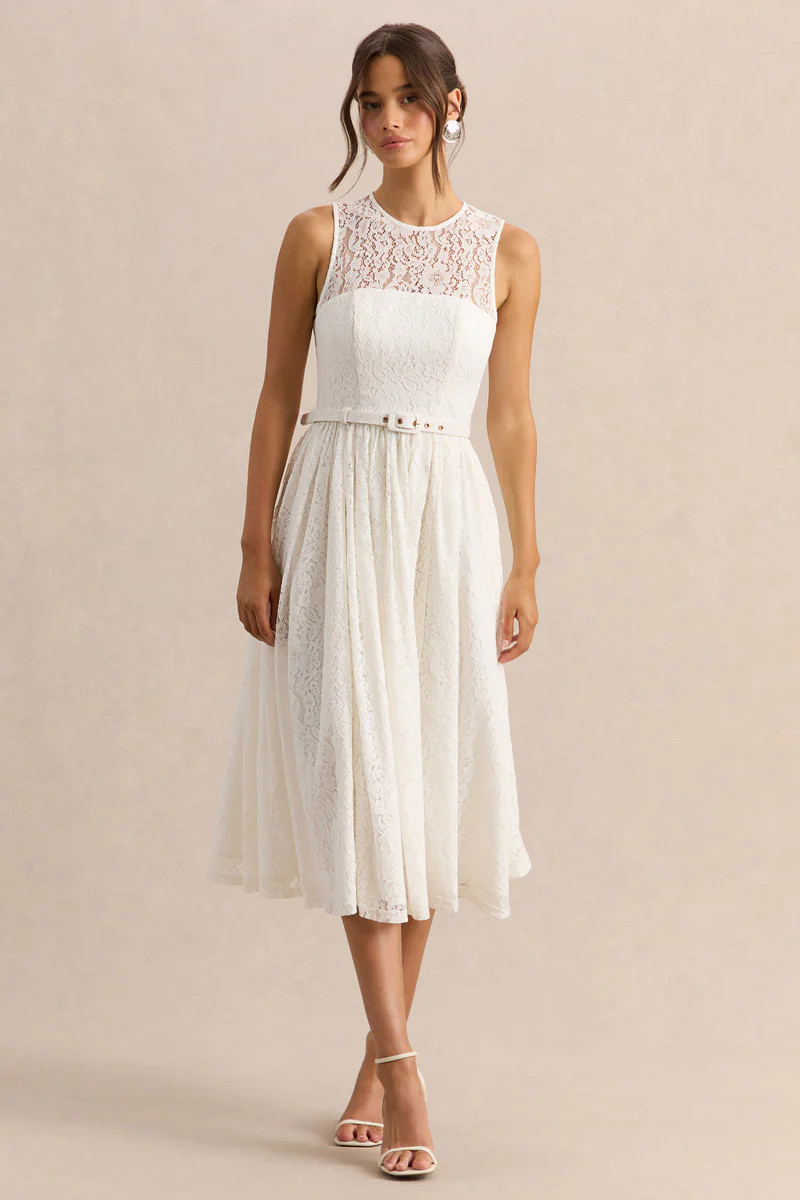 Anabella  White Lace Crew-Neck Belted Midi-Dress | Club L London