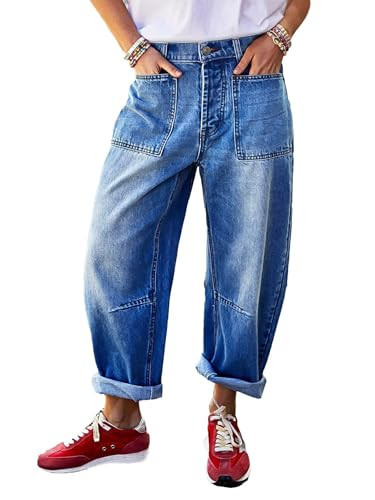 Flamingals Barrel Jeans for Women Trendy High Waisted Stretchy Boyfriend Cropped Jeans Roll Hem Denim Ankle Pants Mid Blue 2XL | Amazon (US)