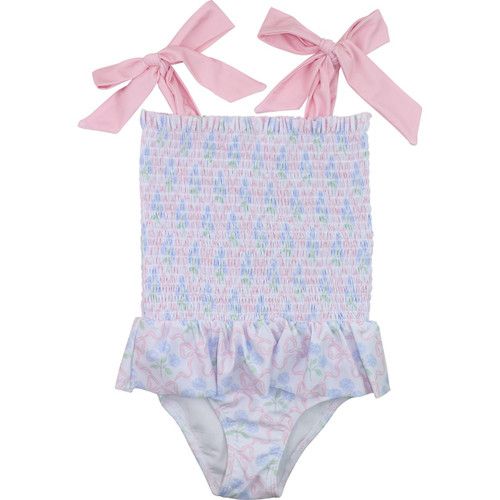 Pink And Blue Hydrangea Bow Lycra Swimsuit | Cecil and Lou