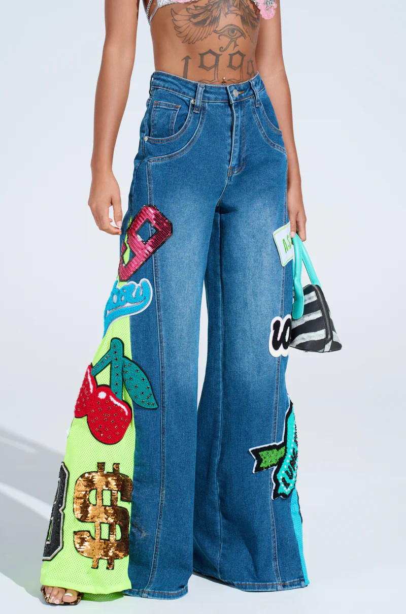 NOT SORRY PATCHWORK MEDIUM BLUE DENIM JEANS | AKIRA