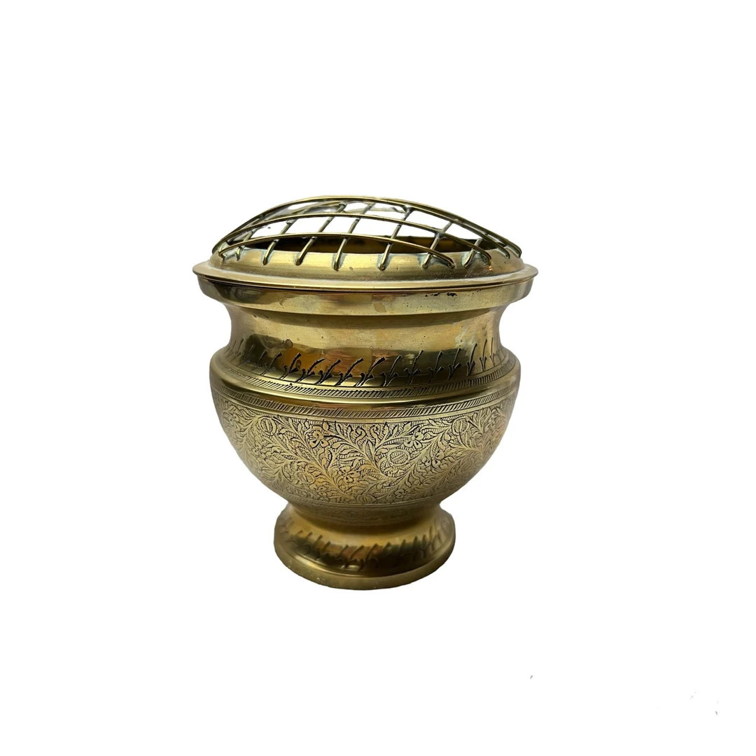 Vintage Solid Etched Brass Rose Bowl With Mesh Small Indian Posy Vase & Frog Lid Bud Flower Flowe... | Etsy (US)