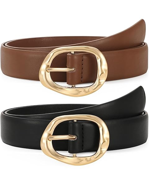 Genuine Leather Belt for Women Brown Leather With Smooth Oval Gold Metal Buckle Luxury Casual Fas... | Amazon (US)