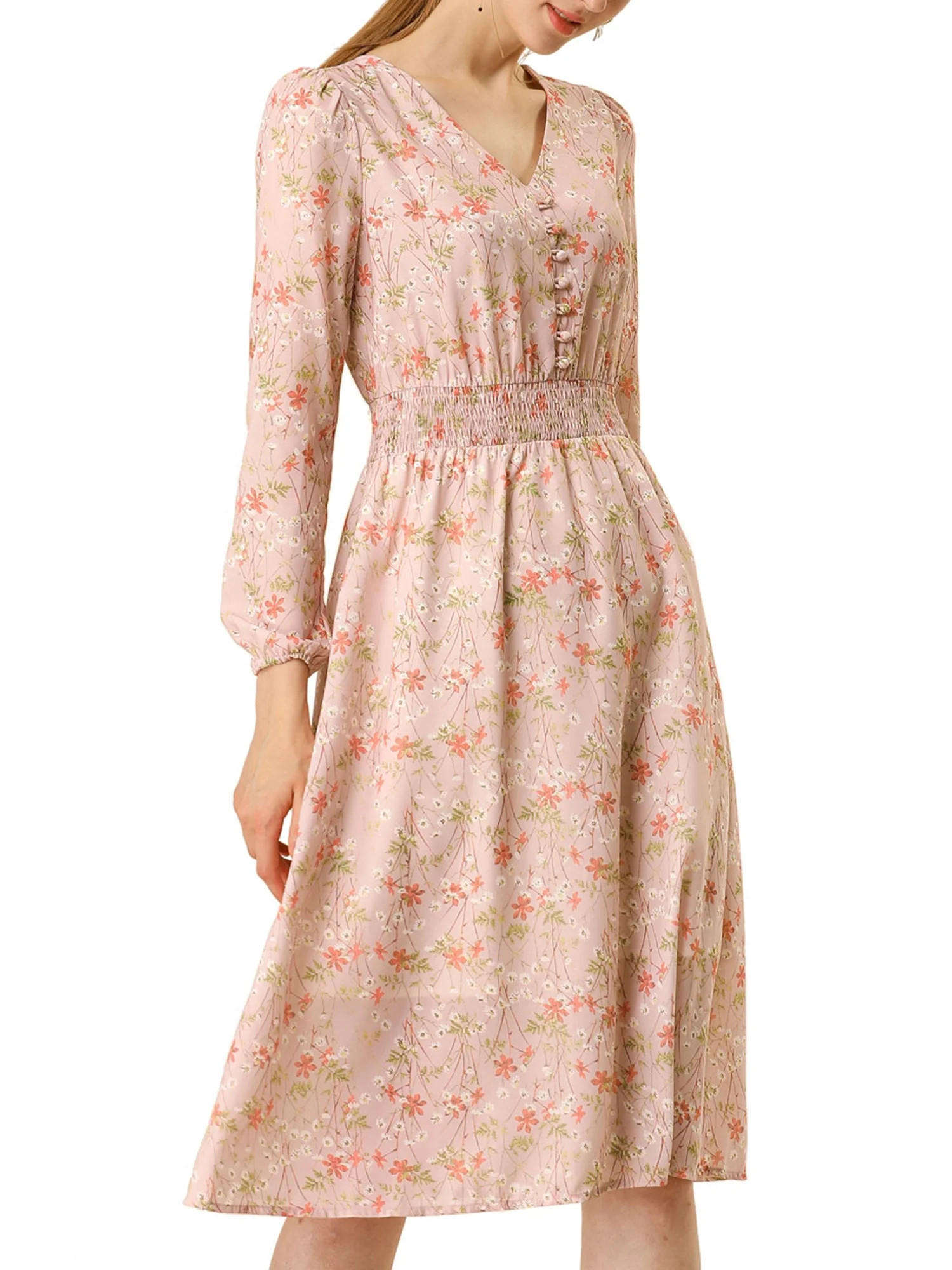 Allegra K Women's Floral Print Swing Long Sleeve V-Neck Midi Dress - Walmart.com | Walmart (US)