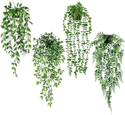 JPSOR 4pcs Artificial Hanging Plants, Fake Hanging Plants Potted Greenery Faux Persian Fern Fake ... | Amazon (US)