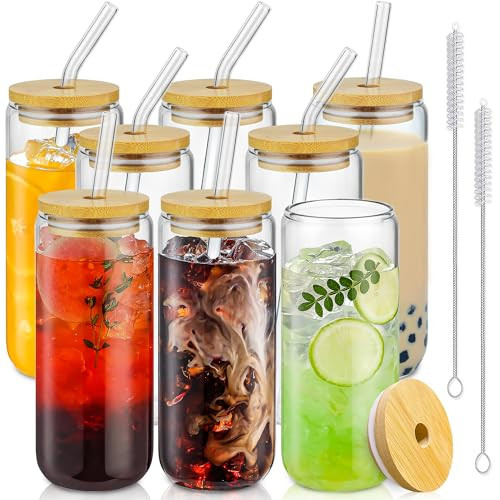 SENTVEND 20 Oz Drinking Glasses with Bamboo Lids and Glass Straw - 8 Pcs Can Shaped Glass Cups Beer & Ice Coffee Glasses Cute Tumbler Cup Great for Soda Boba Tea Cocktail Include 2 Cleaning Brushes | Amazon (US)