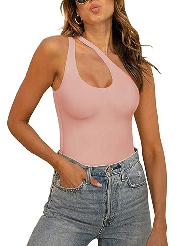 REORIA Women's Summer Sexy One Shoulder Cutout Front Sleeveless One Piece Tank Tops Backless Thong Bodysuits Leotards For Going Out Pink Large | Amazon (US)
