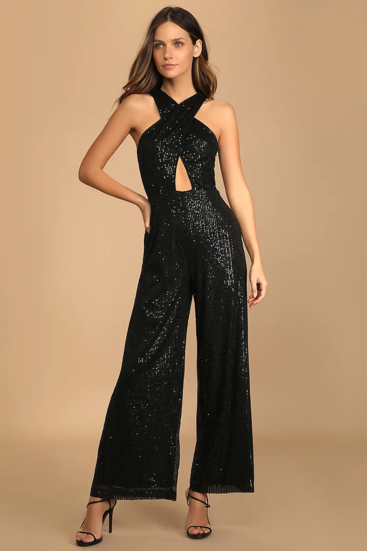 Shining Confidence Black Sequin Cutout Halter Wide-Leg Jumpsuit | Lulus