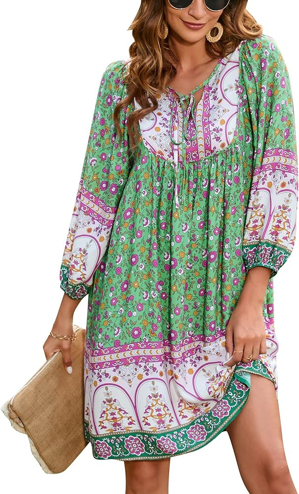 Bluetime Women Casual Summer Dress Boho V Neck 3/4 Sleeve Short Babydoll Floral Print Flowy Beach... | Amazon (US)