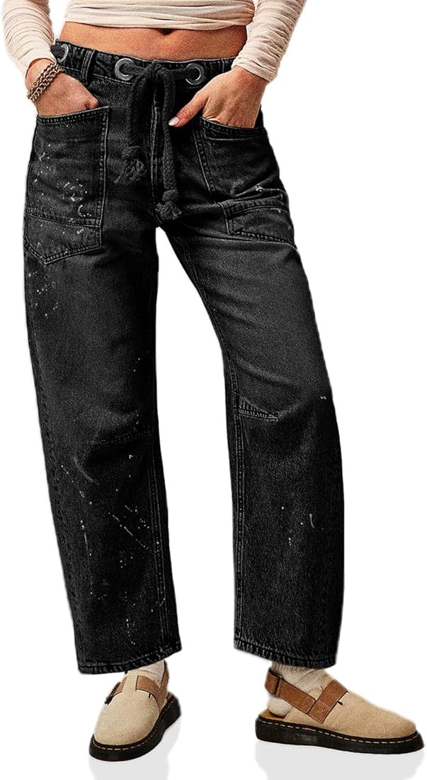 Cicy Bell Womens Baggy Barrel Horseshoe Jeans Wide Leg Drawstring Vintage Denim Pants with Front ... | Amazon (US)