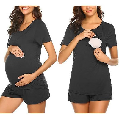 Ekouaer Maternity Pajamas for Hospital Set Short Sleeve Nursing Pajamas Breastfeeding Pregnancy Sleepwear Black S | Target