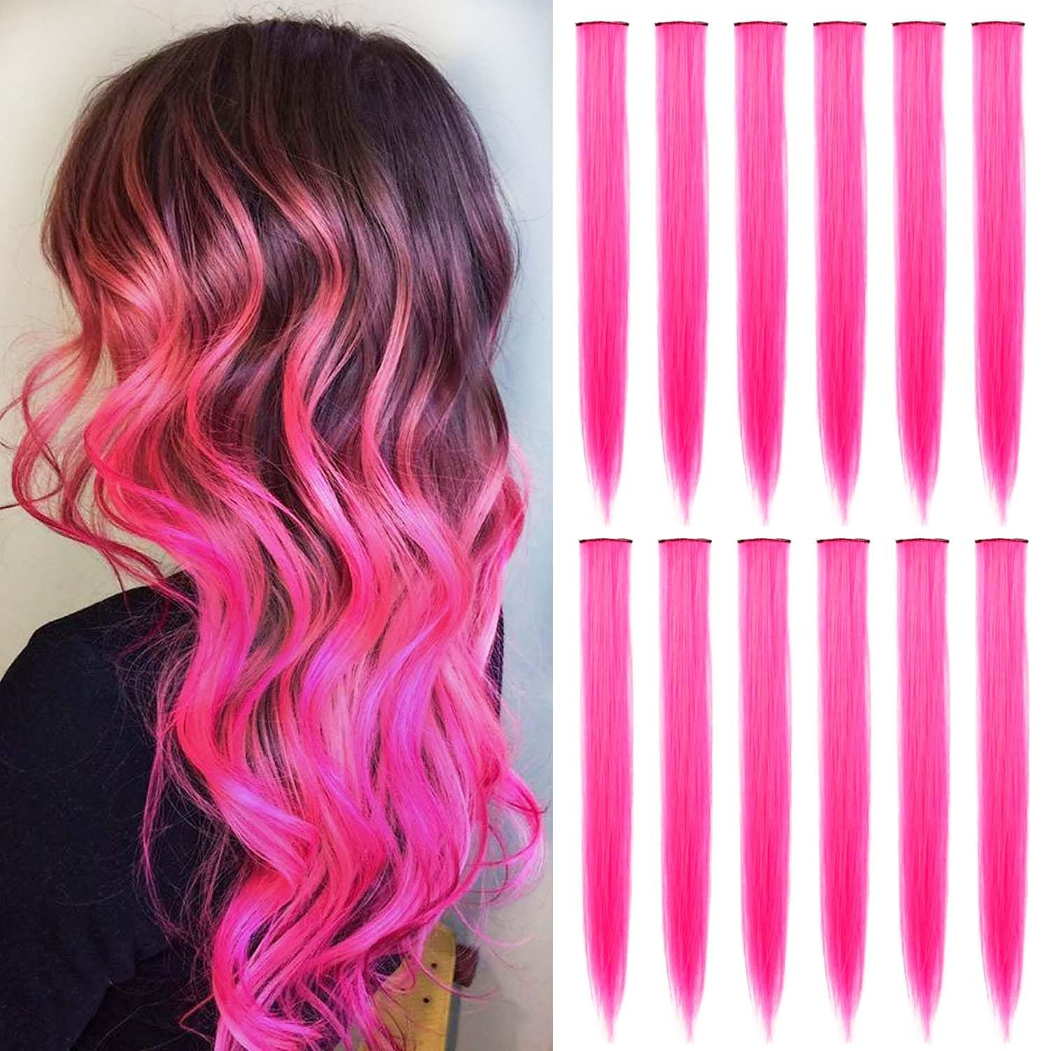 12 Pcs Colored Hair Extensions 22 Inch Hot Pink Multicolor Clip in Hair Extensions Long Straight ... | Amazon (US)