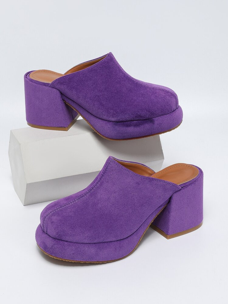 Fashion Purple Mule Pumps For Women, Round Toe Faux Suede Platform Chunky Heeled Pumps | SHEIN