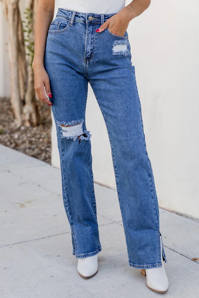 Elizabeth Dark Wash High Rise Straight Slit Jeans | Pink Lily