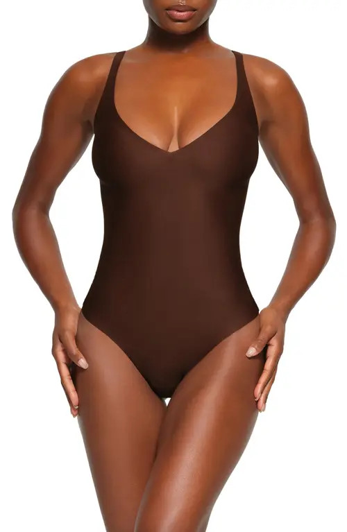 SKIMS Unlined Plunge Thong Bodysuit in Cocoa at Nordstrom, Size Large | Nordstrom