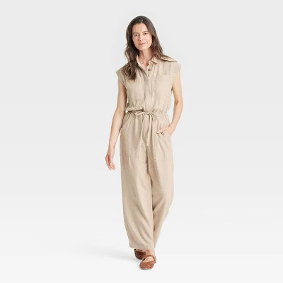 Women's Linen Jumpsuit - Universal Thread™ Tan 12: Sleeveless, Collared, Elastic Waist, Pockets | Target