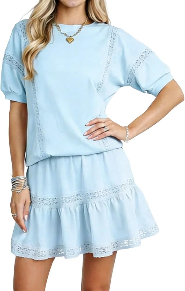CAHRTOU Women Eyelet Two Pieces Short Sets Puff Short Sleeve Top Tiered Mini Skirt Y2k Lace Match... | Amazon (US)